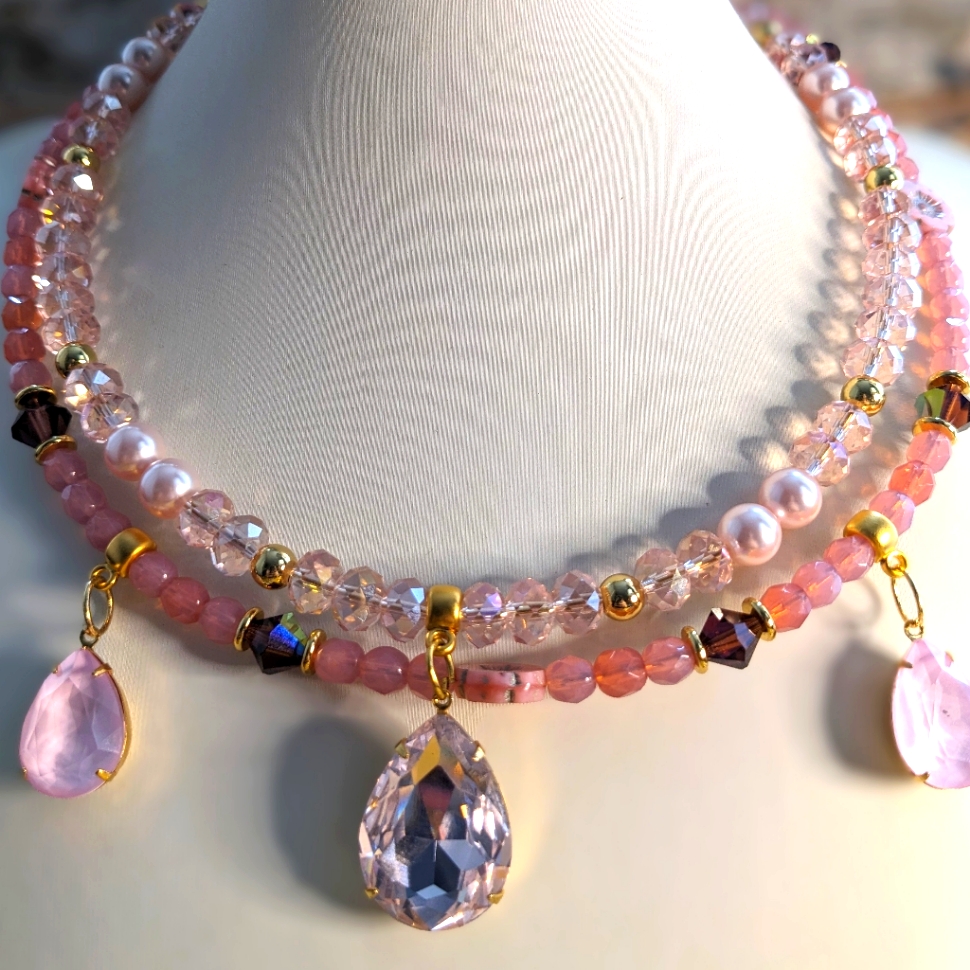 Pink Opaline Crystal Two Strand Bead And Glass Necklace